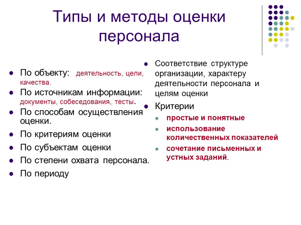 Типы и методы оценки персонала По объекту: деятельность, цели, качества. По источникам информации: документы,